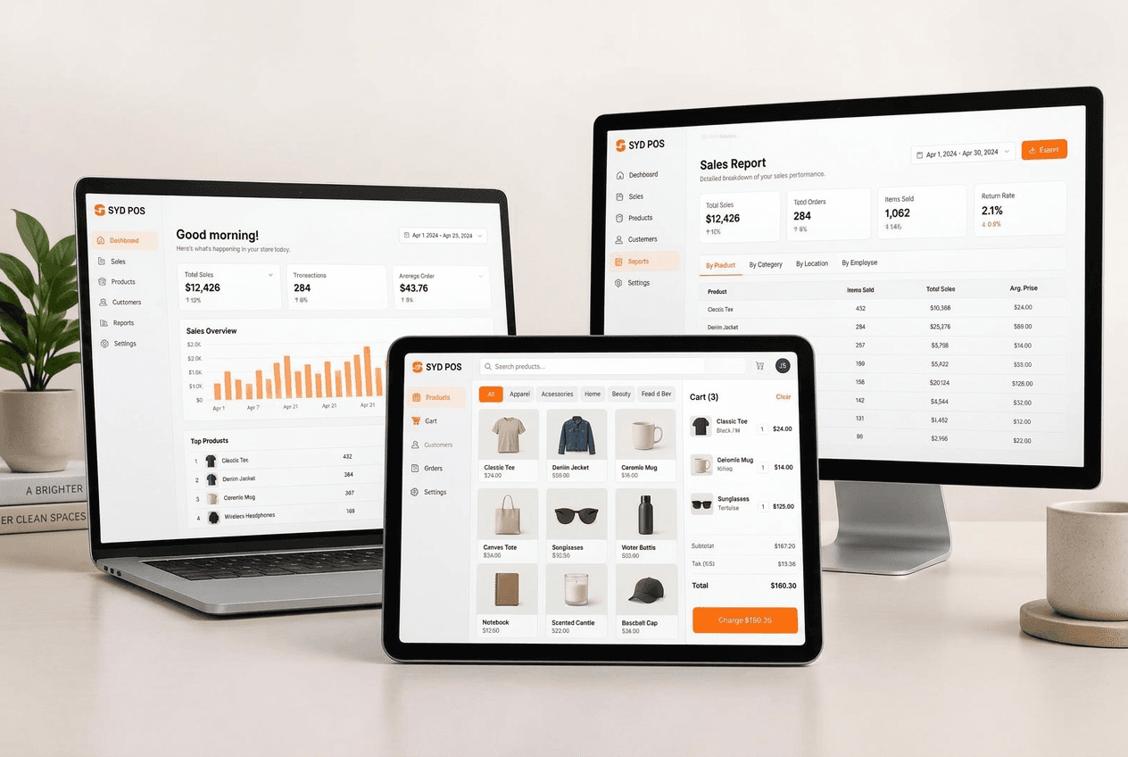 SYD POS running on an Android tablet, a laptop and a desktop monitor