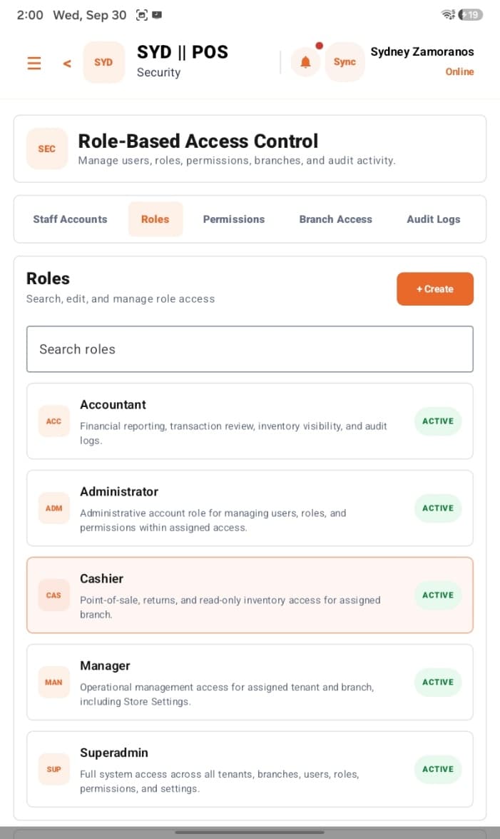 Staff access control screen on the SYD POS tablet app