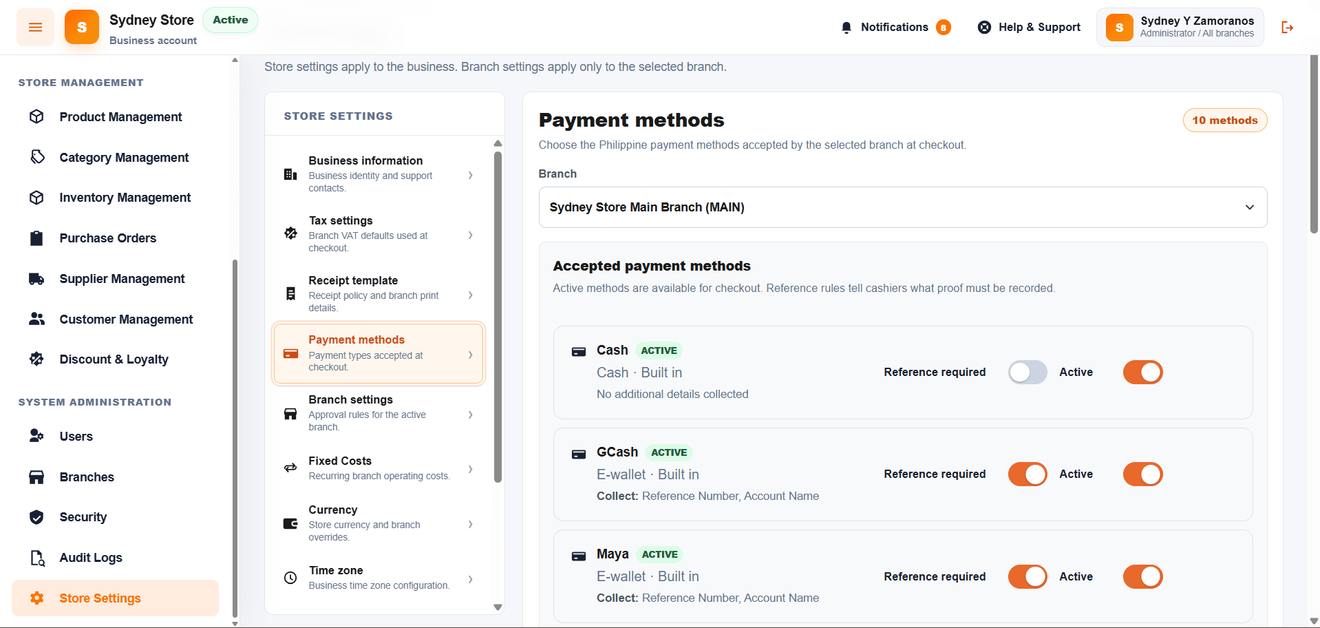 Payment method setup in the SYD POS web back office